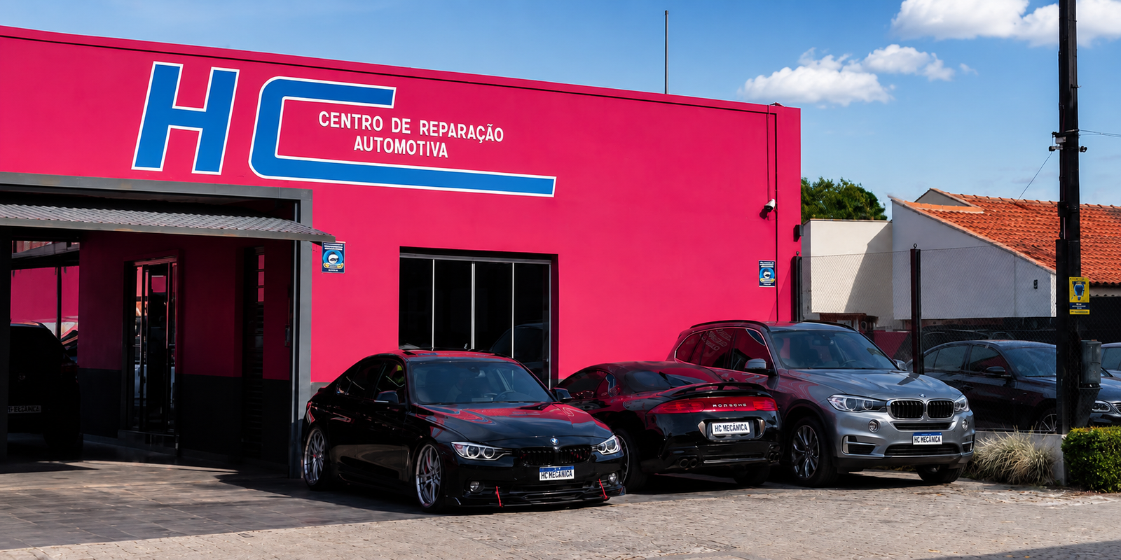 Fachada da HC com BMW, Porsche e BMW X5 no pátio